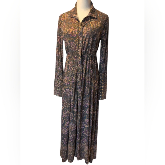 RARE Free People Floral Paisley Maxi Dress with Gold Snap Bishop Sleeves Size XS - Picture 13 of 13